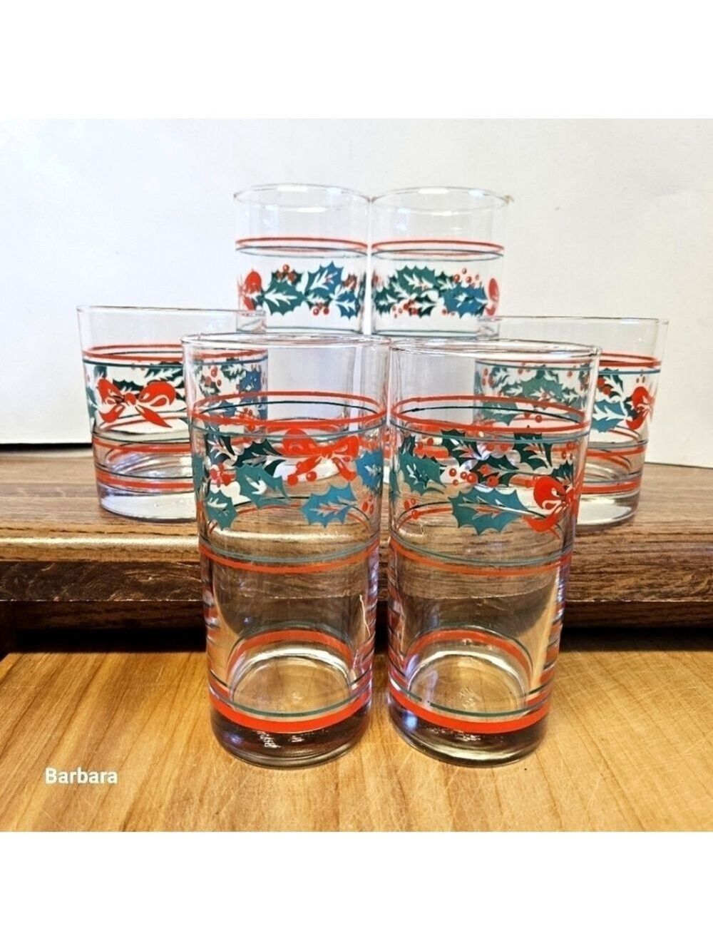 Vintage 90s Set of 4 Christmas Holly Glass Tumblers with 2 Old Fashion Glasses